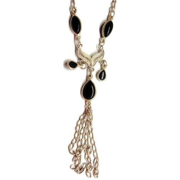 17" Necklace Filigree Black Onyx Teardrop Dangle Chain Vtg Sterling Silver 925 - Picture 2 of 9